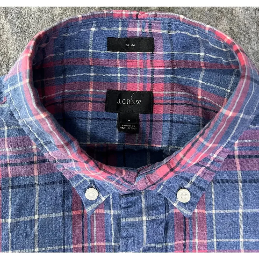 J.Crew Plaid Button Down Dress Shirt / Men Medium / Blue Pink 22579 Slim Fit